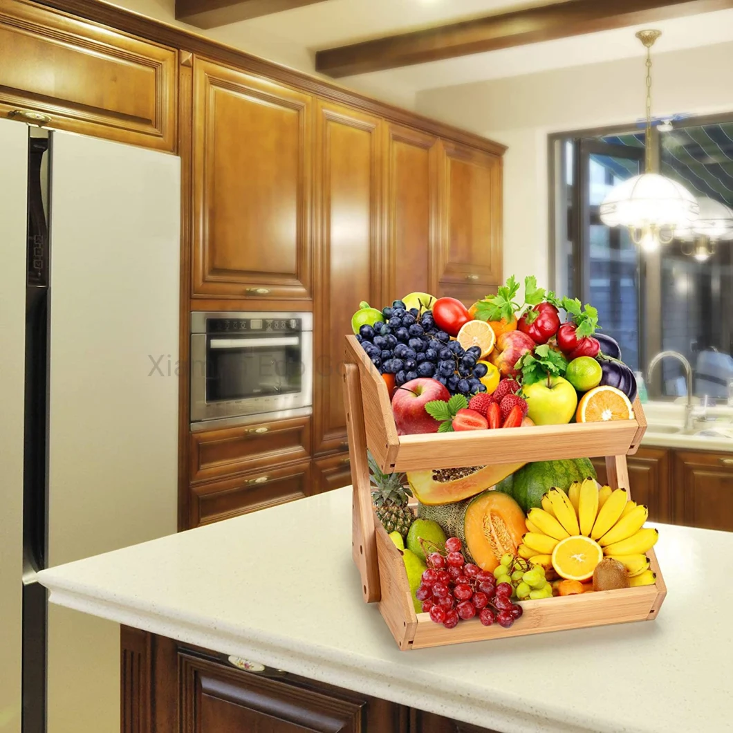 Bamboo Fruit Basket, 2-Tier Bamboo Fruit Basket for Kitchen Food Storage, Large Capacity Vegetable Storage Basket