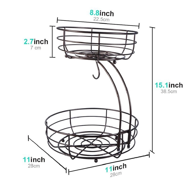 Custom 2 Tier Countertop Black Wire Fruit Vegetable Bowl Storage Basket with Banana Hanger