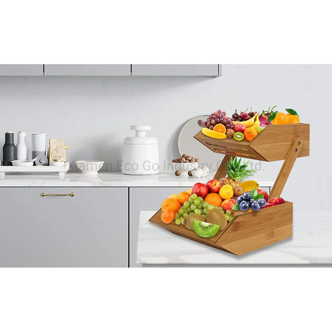 2-Tier Bamboo Fruit Holder Vegetable Bread Storage Stand, Bamboo Fruit Basket for Kitchen