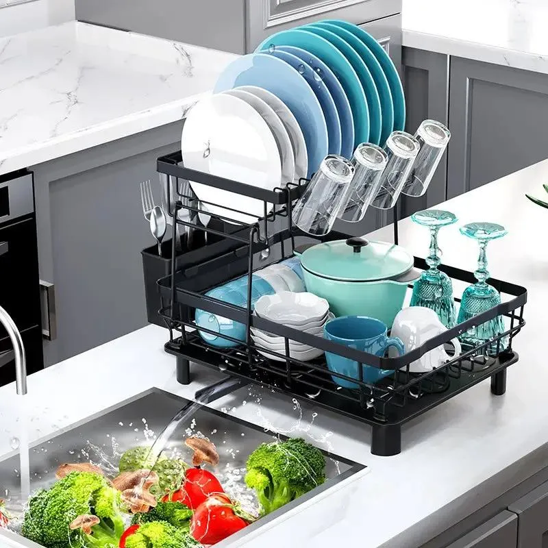 2-Tier Dish Drying Rack with Drainboard for Kitchen