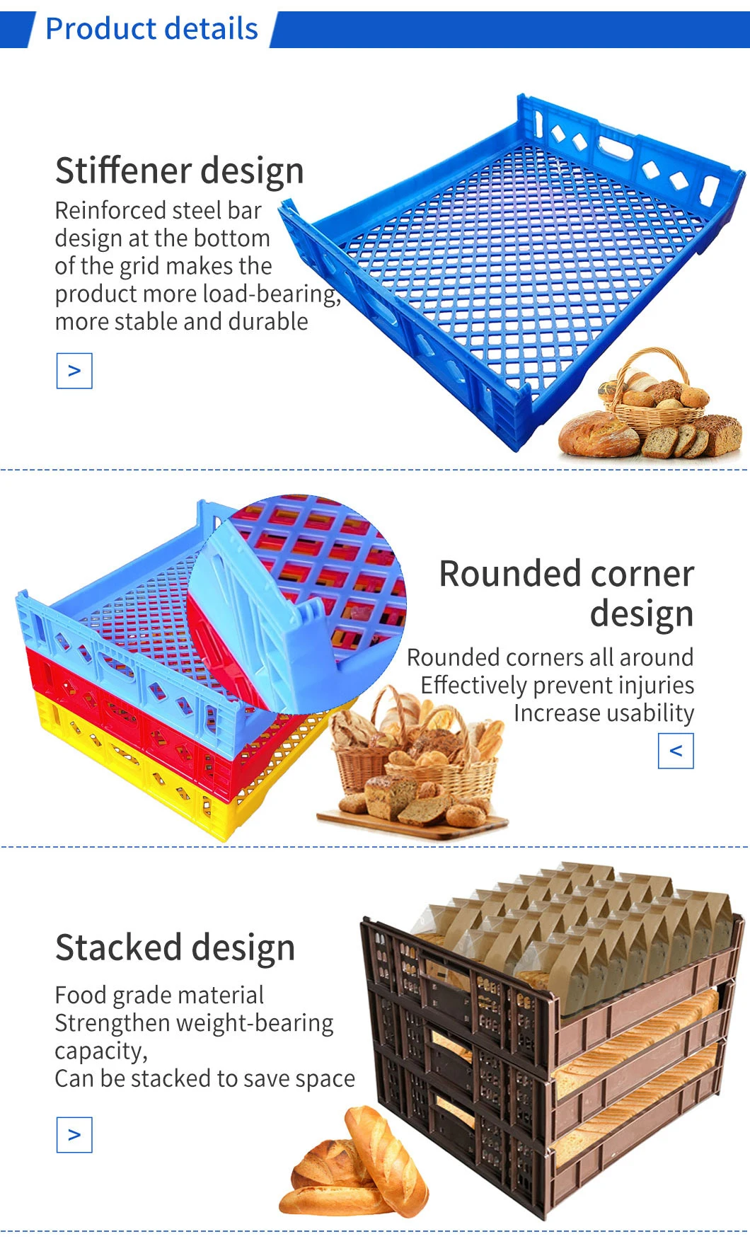 Lightweight Perforated Stackable Bread Crate Box to Transport Soft Baked Goods Basket