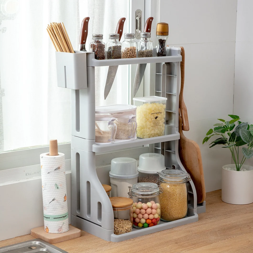 Amazon Hot Selling Home Kitchen Seasoning Kitchen Tools Spoon Storage Rack Three Layers with Hook Cutting Board Rack and Hanging Basket