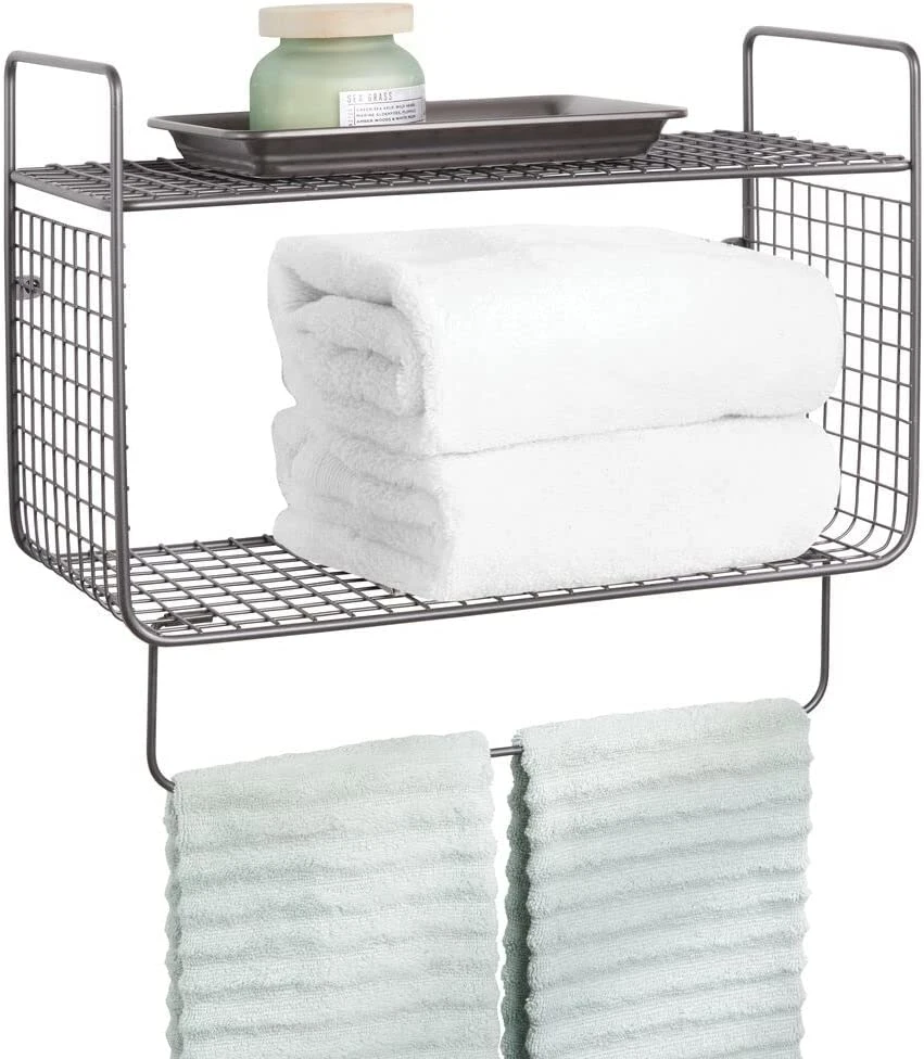 Steel Wall Mount Towel Rack Storage Organizer Shelf Holder with Towel Bar