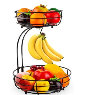 Panier de rangement pour bol de fruits et légumes à 2 couches en métal noir