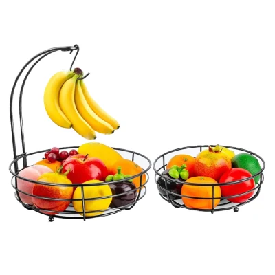 Panier de rangement pour bol de fruits et légumes en fil noir à 2 niveaux avec cintre banane