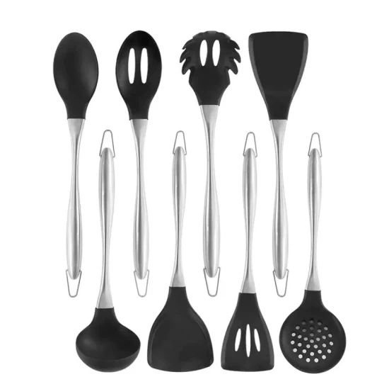 Ustensiles de cuisine en silicone avec poignée creuse en acier inoxydable PVD plaqué 304 Spatule antiadhésive Cuillère Ustensiles de cuisine Outils de cuisine Ustensiles de cuisine sûrs de qualité alimentaire