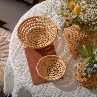 Panier à pain en rotin rond de style japonais tissé à la main plateau à thé panier de service de nourriture pour les dîners café petit déjeuner fruits