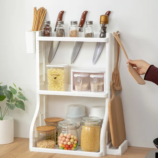 Amazon vente chaude maison cuisine assaisonnement cuisine outils cuillère support de rangement trois couches avec crochet planche à découper support et panier suspendu